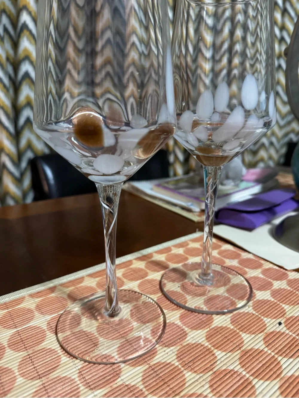 Hand-Blown Clear Wine Glasses with White and Gold Detail - Set of 2